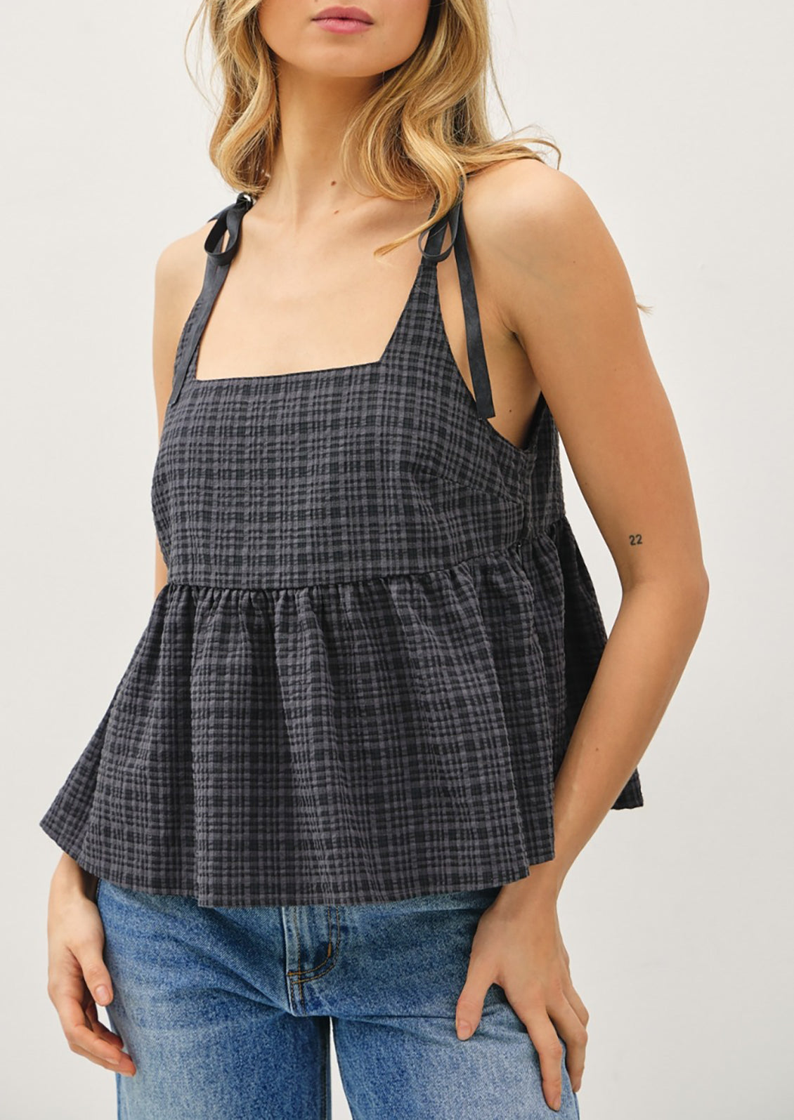 Keara Tie Shoulder Plaid Top